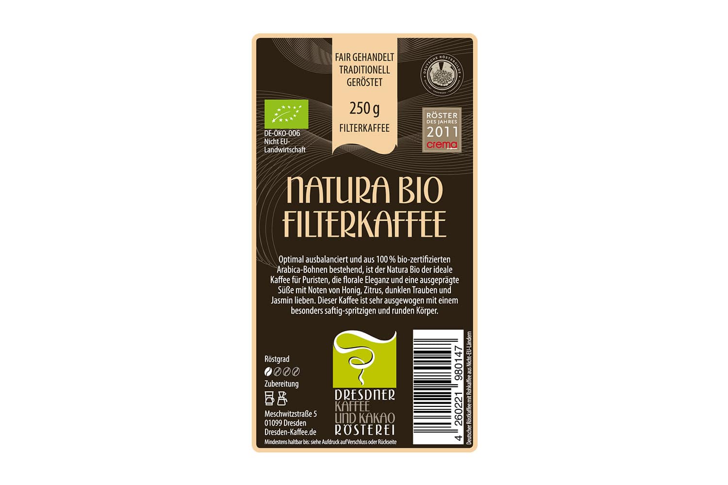 Dresdner Kaffee und Kakao Rösterei Bio Filter Kaffee 250g gemahlen